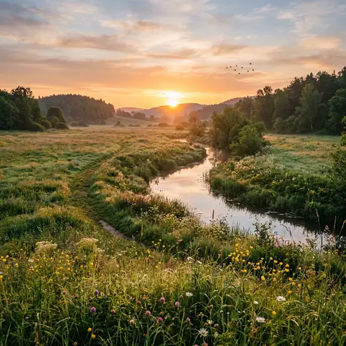 Tranquil Sunrise Meadow: Serene Beauty and Tranquility