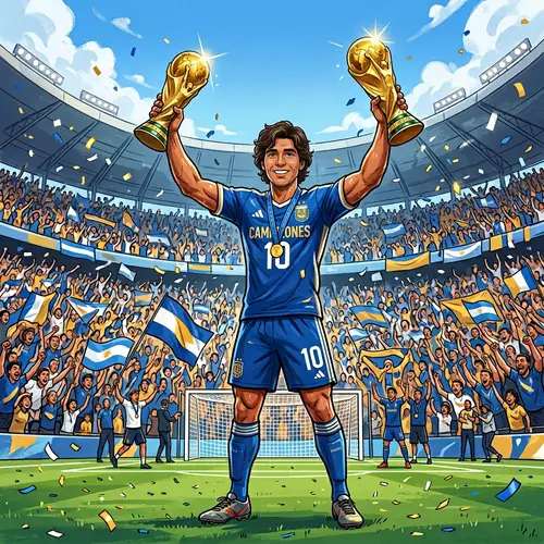 Hispanic Soccer Player Triumphantly Holding Two World Cup Trophies