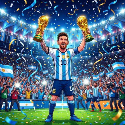 Proud Argentina Soccer Player Celebrating with World Cup Trophies