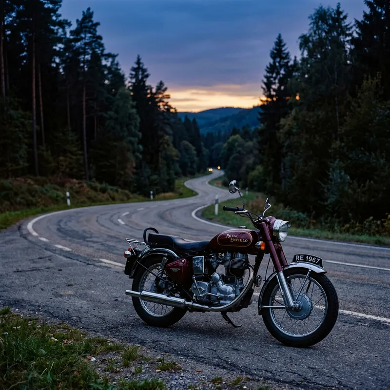 Classic Royal Enfield Motorcycle on Enchanting Road at Twilight