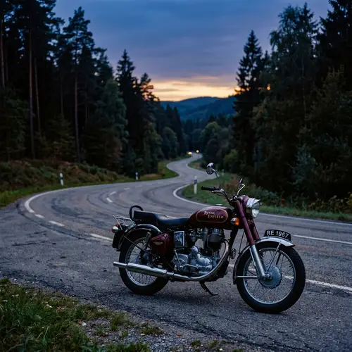 Classic Royal Enfield Motorcycle on Serene Twilight Road