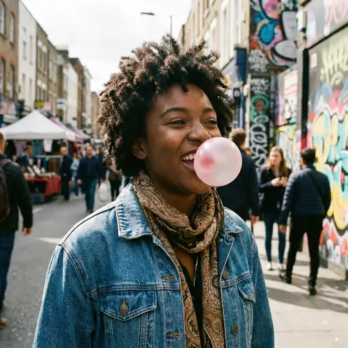 Young Black Woman Blowing Bubble with Chewing Gum