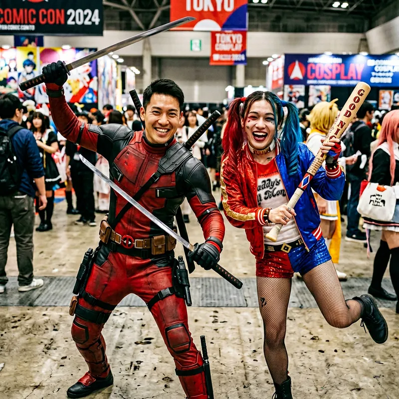 Realistic Asian Duo Cosplay: Deadpool & Harley Quinn | Dynamic Pose