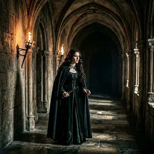 Gothic Film Character in Dimly Lit Corridor | Atmospheric Suspense