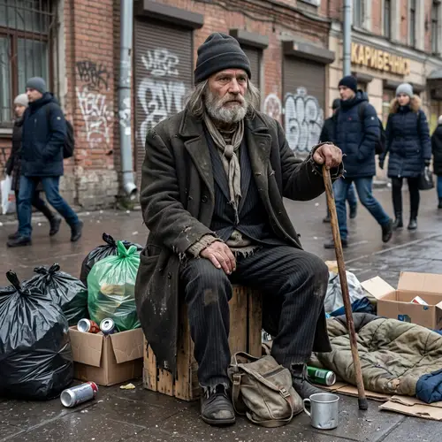 Wealthy Homeless Russian Man Amid Garbage Bags