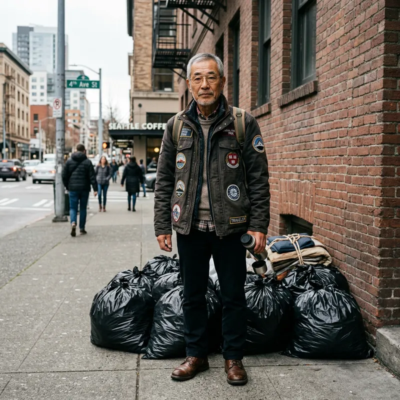 Wealthy Homeless Person in Glasses by Trash Bags