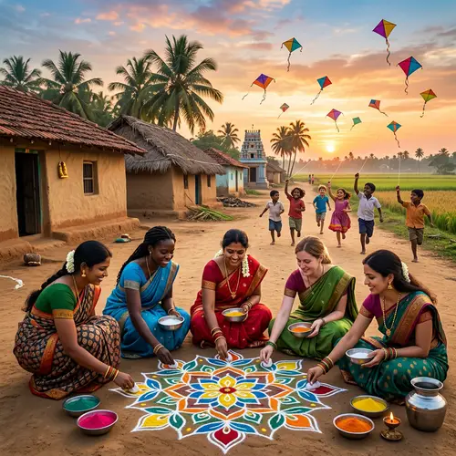 Telugu Village Morning: Diverse Women Creating Rangoli & Children Flying Kites