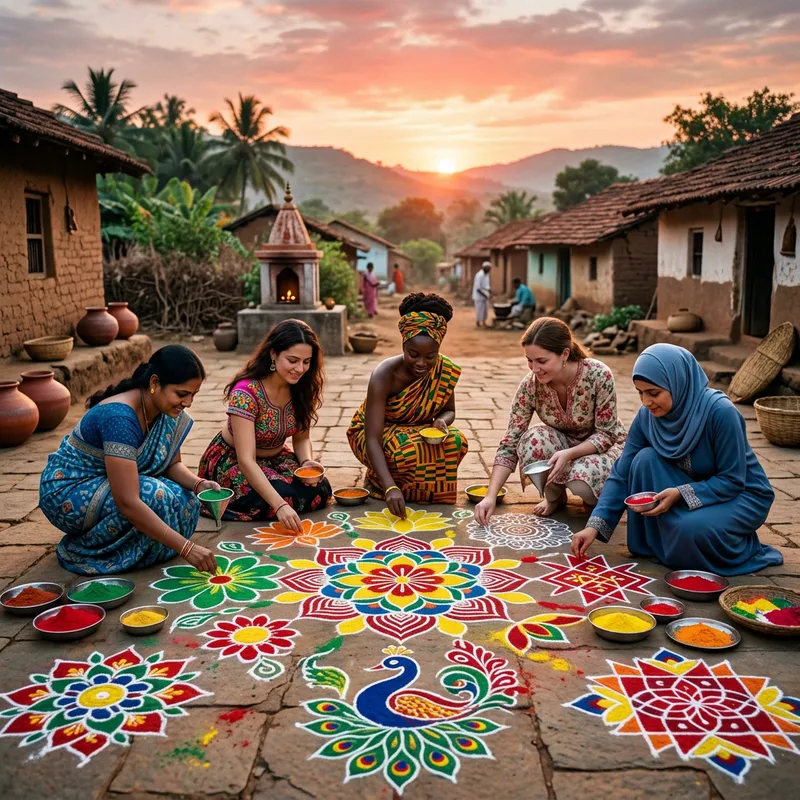Indigenous Women Creating Beautiful Rangoli Art at Dawn