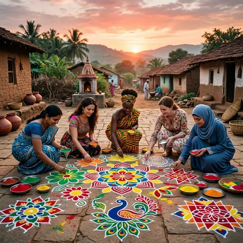 Diverse Women Creating Intricate Rangoli Designs at Sunrise