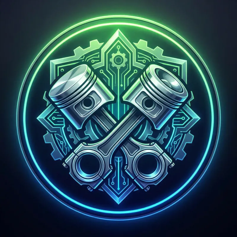 Neon Matrix-Inspired Adeptus Mechanicus Emblem with Crossed Pistons