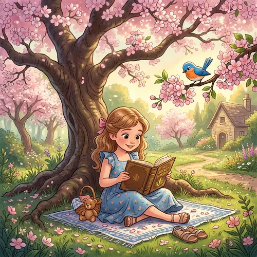 Young Girl Reading Book Under Blossoming Tree - Enchanting Scene