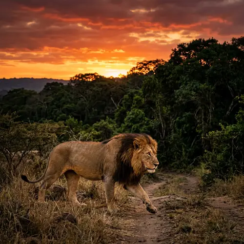 Majestic Lion Striding in Forest at Sunset