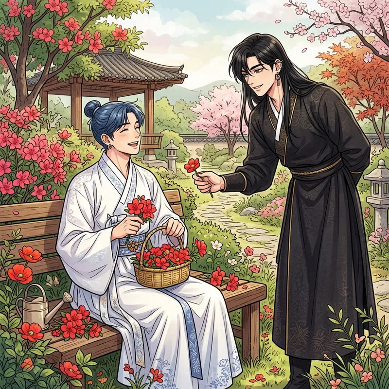 Manhwa Style Garden: Blue and Black Haired Men with Flowers