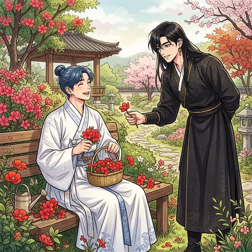 Manhwa Style Garden Scene: Young Men with Blue and Black Hair