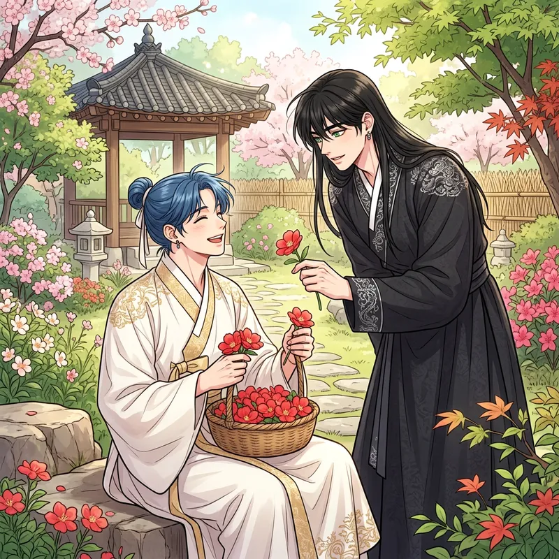 Manhwa Style Illustration of Two Young Men in a Garden Gathering Flowers