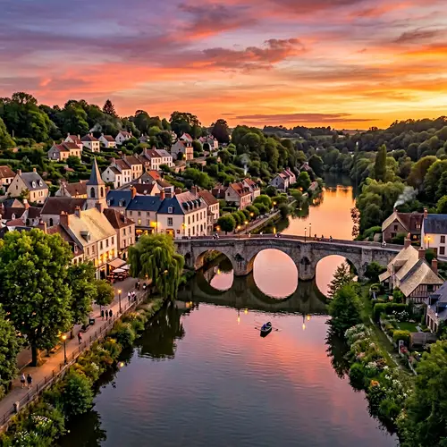 Tranquil Riverside Town at Late Sunset | Charming Houses & Stone Bridge