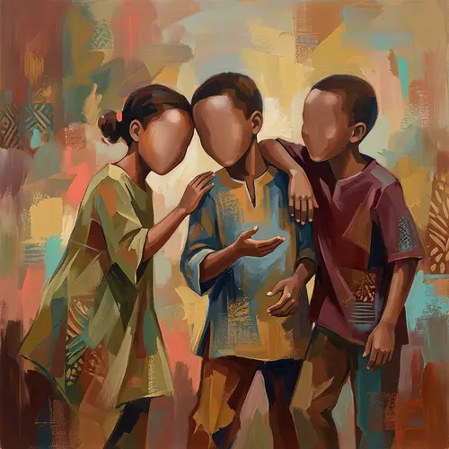 Abstract Art of Three Faceless Black People: Boys and Girl