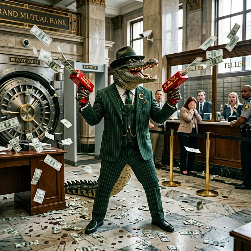 Crocodile Gangster with Money Guns at Bank