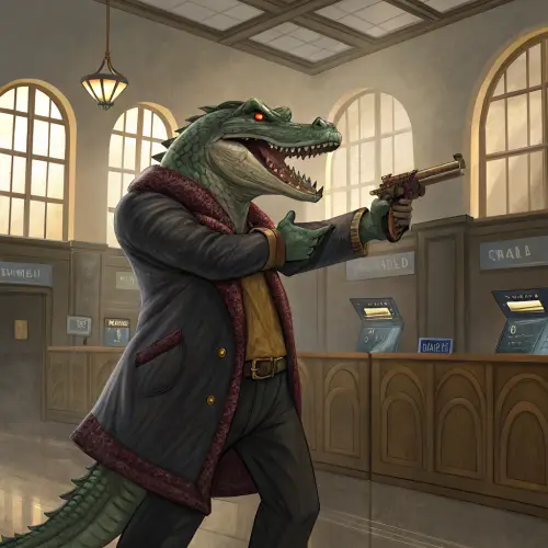 Crocodile Gangster with Money Guns at Bank