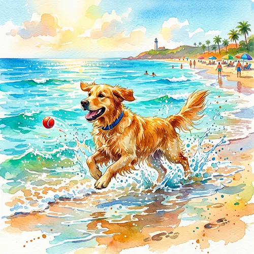 Vibrant Beach Scene Watercolour Painting of a Playful Pet