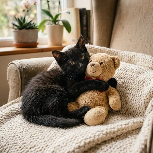 Black Cat Embracing Teddy Bear - Cute and Heartwarming
