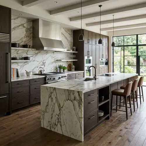 Luxurious Kitchen with Oak Veneer Fronts and Marble Countertop