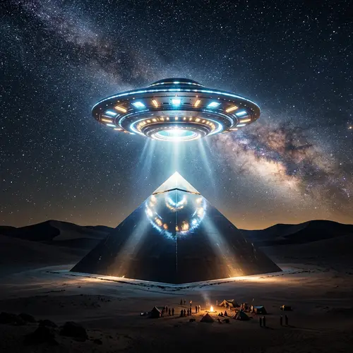 UFO Hovering Over Pyramid | Mystical Night Scene