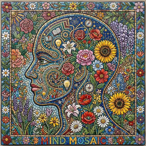 Mind Mosaic: Brilliant Thoughts Intertwined with Blooming Flowers