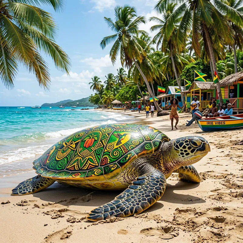 Giant Sea Turtle on Beach | Jamaican Palm Trees Vibes
