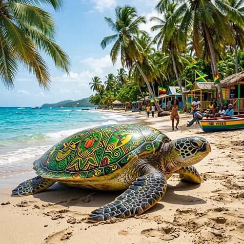 Colossal Sea Turtle on Tropical Beach | Vibrant Jamaican Aesthetic