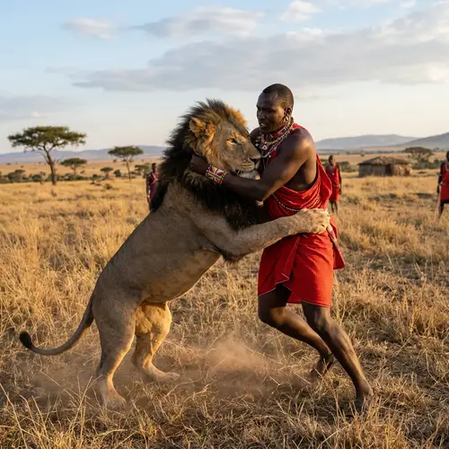 African Man Lion Wrestling in Savannah | Brave Tribal Display