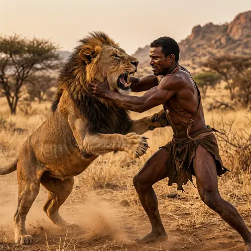 Bravery vs Beast: Intense Confrontation of Man and Lion