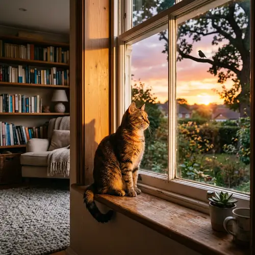 Sleek Cat Watching Sunset with Focused Eyes