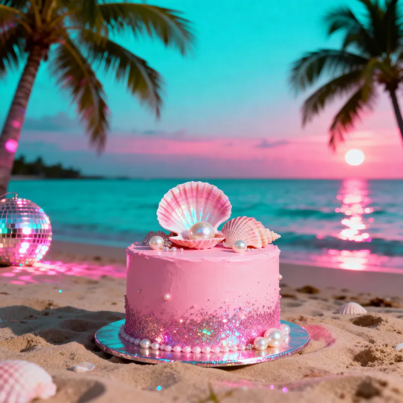 Light Pink Disco Beach Cake with Sea Shells & Pearls