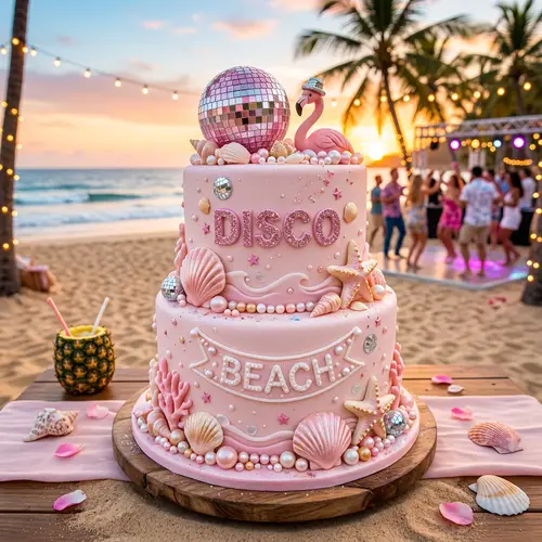 Light Pink Disco Beach Cake with Sea Shells & Pearls