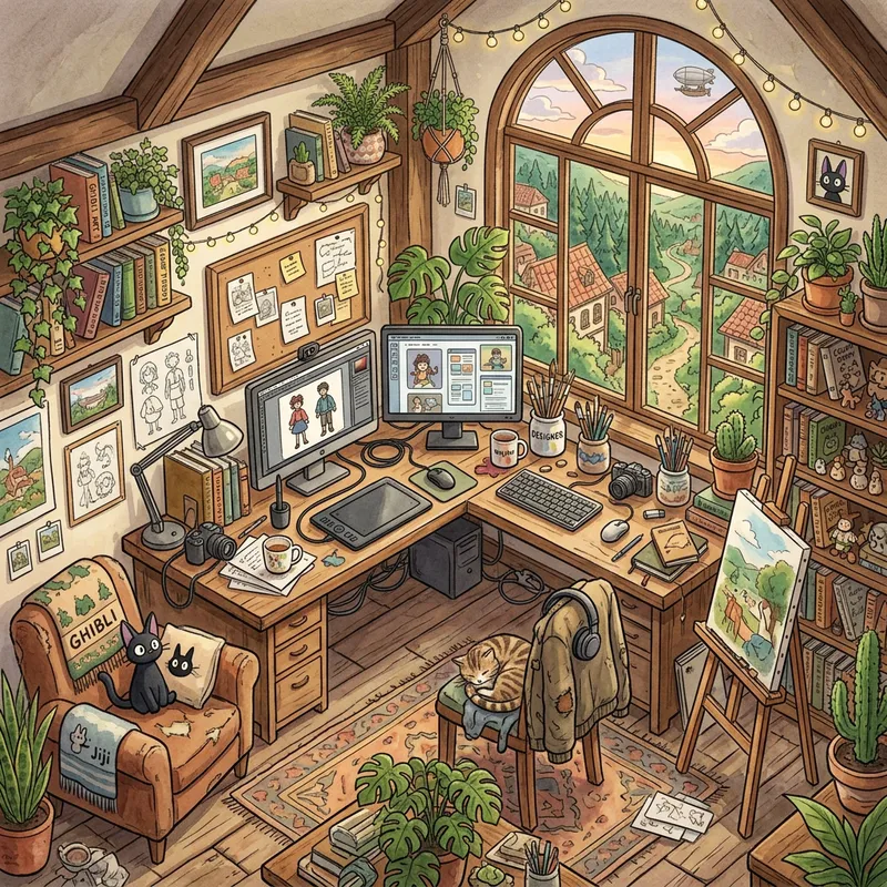 Charming Isometric Designer Room in Studio Ghibli Style