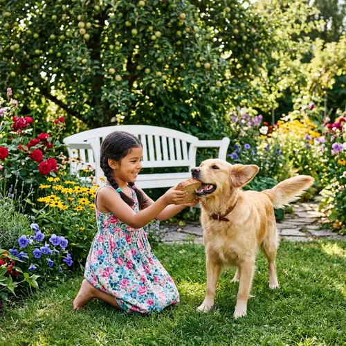 Hispanic Girl and Golden Retriever in Sunlit Garden | Heartwarming Scene