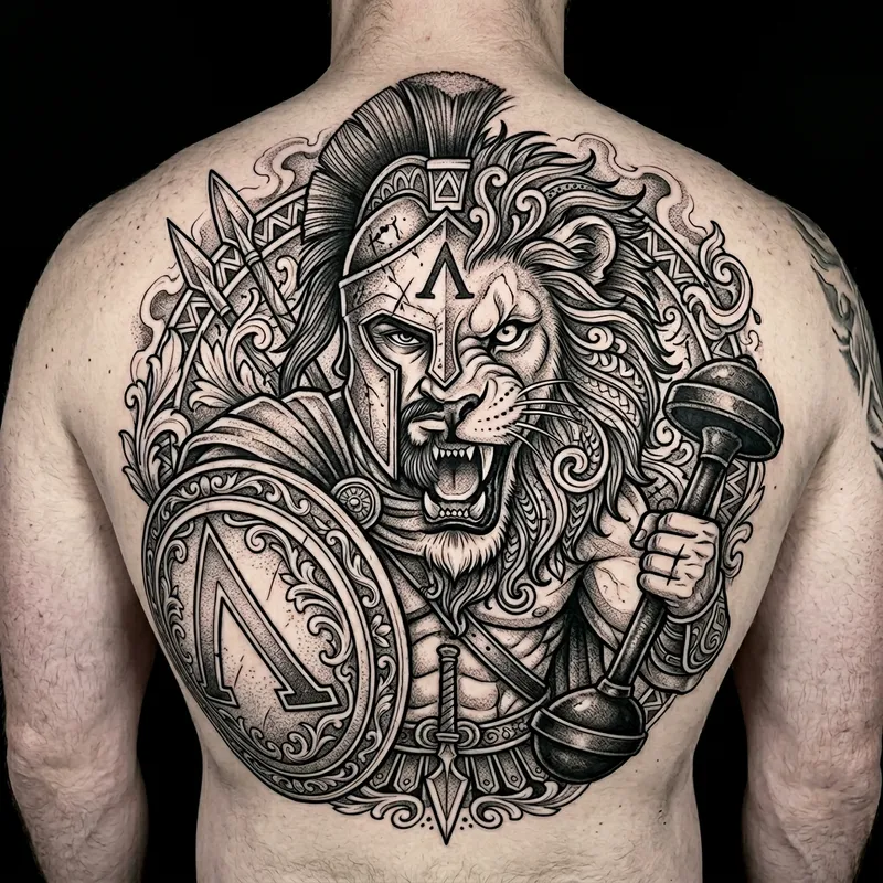 Spartan Warrior with Lion Face Tattoo and Shield Art