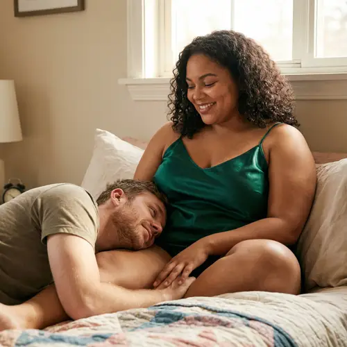 Maternal Bliss: Curvy Woman in Satin Nightie