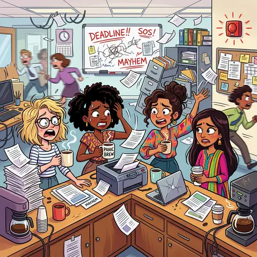 Diverse Women Drinking Coffee in Busy Office - Modern Animation Style