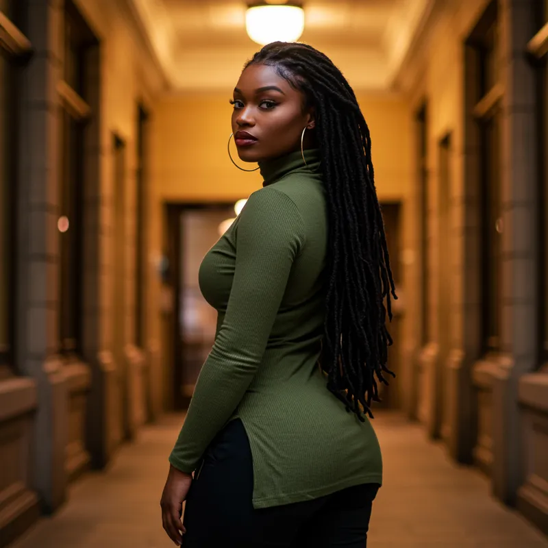 Elegant Black Model in Stylish Olive Outfit