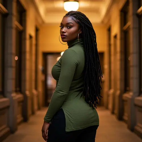 Elegant Black Model in Stylish Olive Outfit