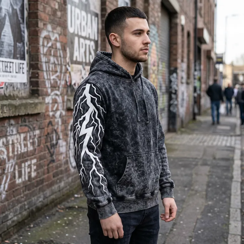 3D Lightning Art Acid Wash Hoodie