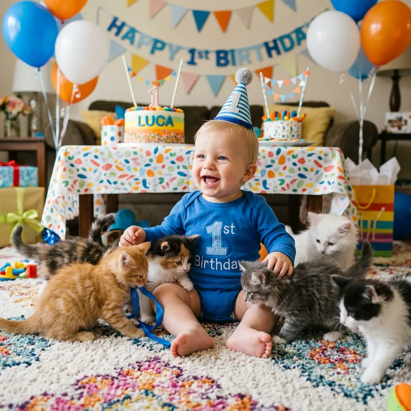 Cute Baby Boy Celebrates Birthday with Playful Cat
