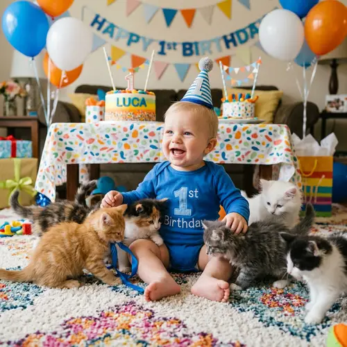 Adorable Baby Boy Celebrates 1st Birthday with Playful Kittens