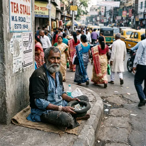 Resilient South Asian Man on City Sidewalk | Street Alms Collector