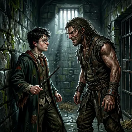 Tense Wizard Confrontation in Dark Prison Cell - Digital Art