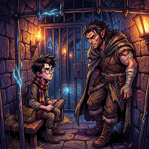 Boy Wizard and Rugged Man in Digital Art Prison Scene
