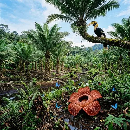 Sago Palm Plantation in Lush Peat Swamp with Rafflesia Flower, Hornbill and Butterflies