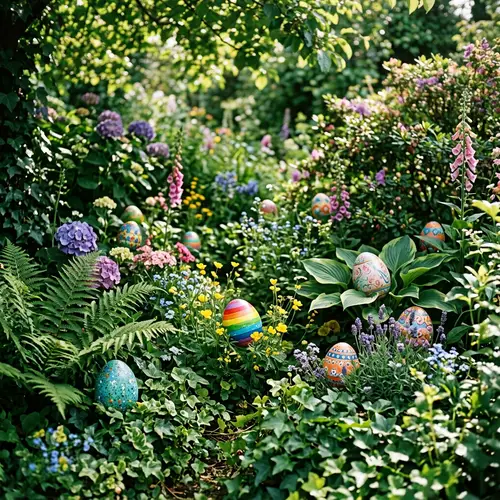 Vibrant Easter Eggs in Lush Garden - Hidden Botanical Treasures